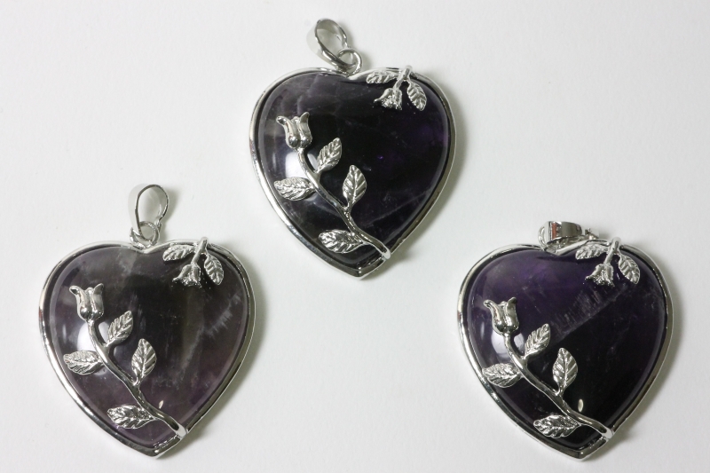 3pcs. Amethyst heart pendant Rose