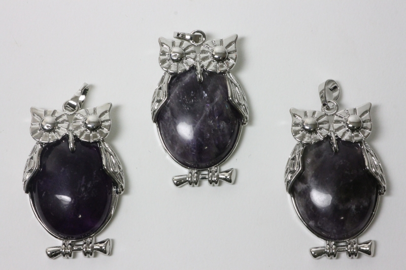 3pcs. Amethyst owl pendant flat