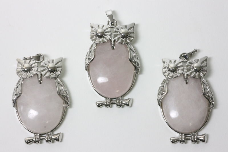 3pcs. Rose quartz owl pendant flat