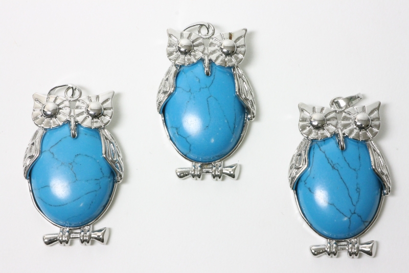 3pcs. Turquoise rec. Owl pendant flat