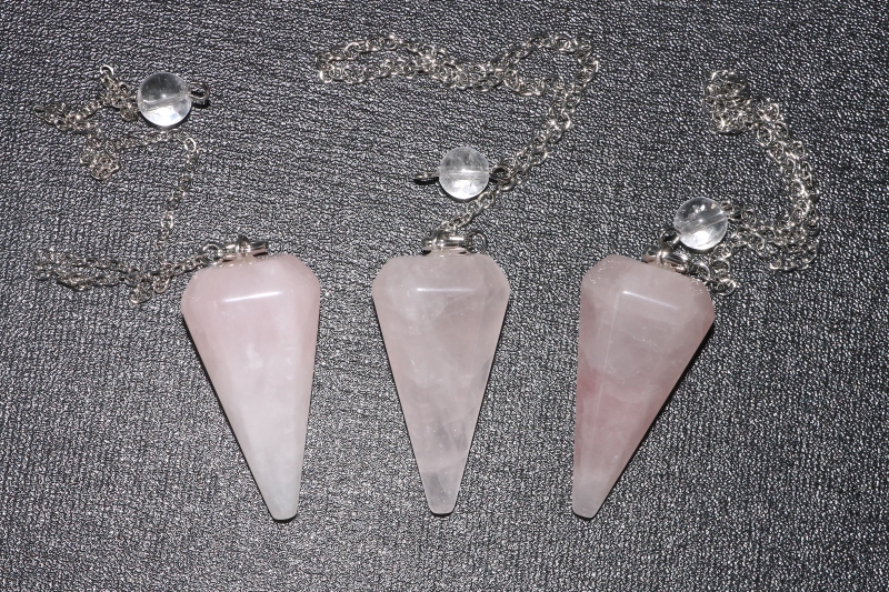 Set of 3 hexagonal rose quartz pendulums