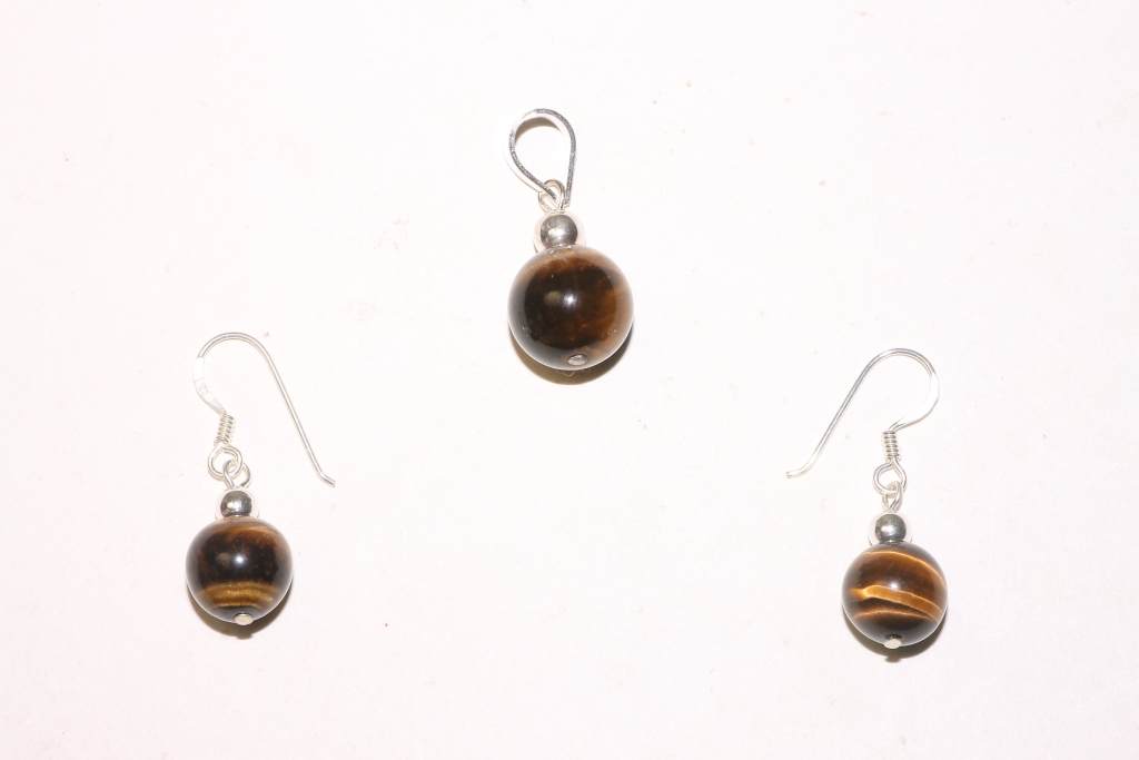 Earring/pendant set tiger eye ball in Sterling-silver