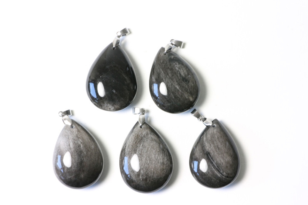 Set of 5 silver obsidian drops with eyelet