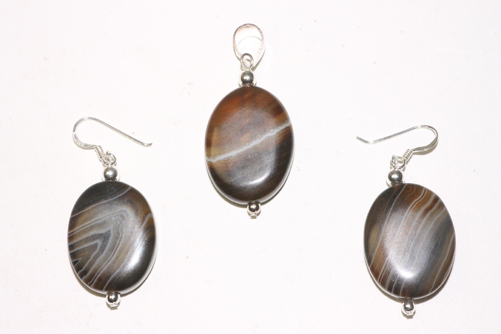 Earring/pendant set agate striped Oval 925 silver