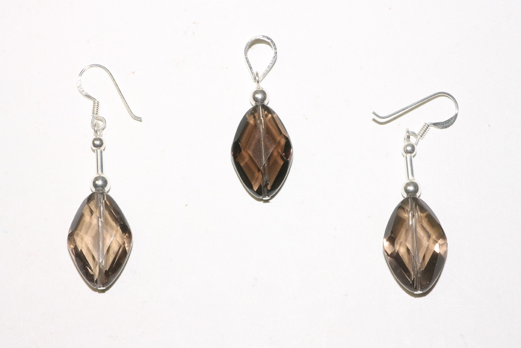 Earrings/pendant set smoky quartz leaf fac. 925 silver