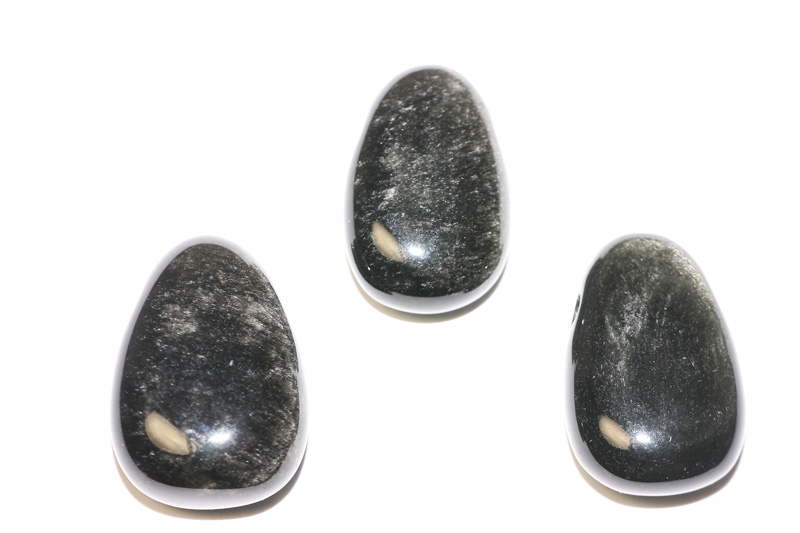 Set of 5 drilled silver obsidian tumbled stone